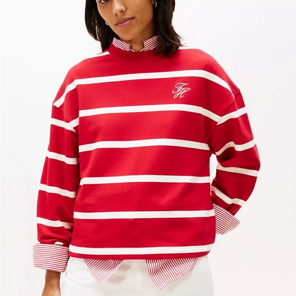 Tommy Hilfiger Red & White Striped Crewneck Sweatshirt - Size Small